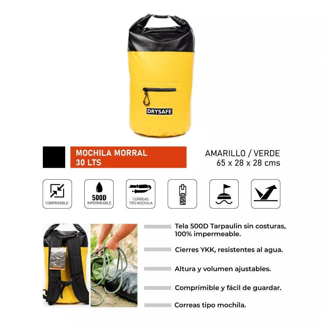 Mochila Morral Impermeable DRYSAFE 30 Litros | Waterproof | Roll Top | Amarilla
