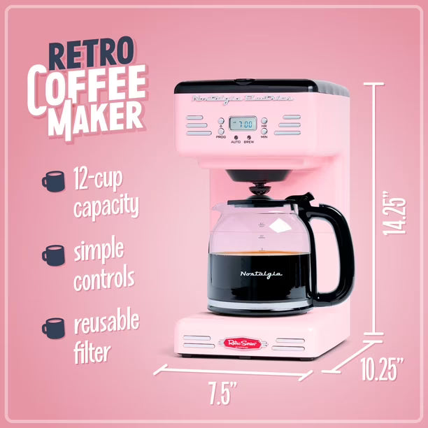Cafetera Programable Nostalgia Retro 12 Tazas LED Rosa | Nueva | 120V