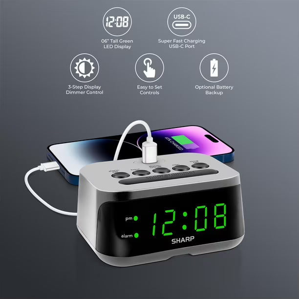 Reloj Despertador Sharp SPC235DGAMZ LED Verde con USB-C – 120V