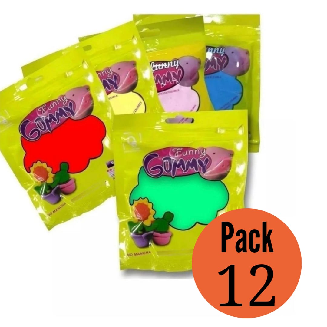 PACK 12 MASAS FUNNY GUMMY SLIME GOMA EVA FLEXIBLE NO TOXICO