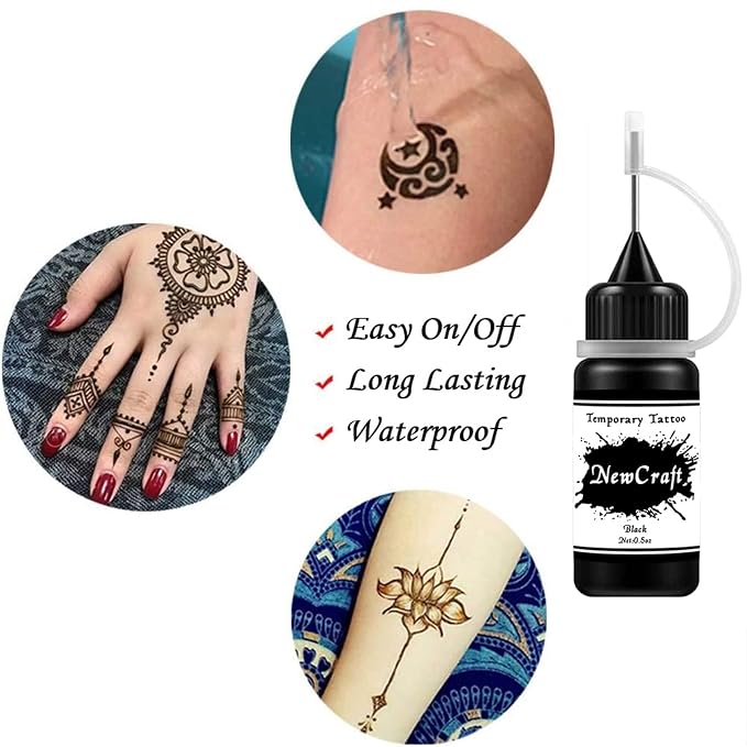 Kit de Tatuajes Temporales Semipermanentes DIY | 5 Botellas Negras | Incluye Plantillas Adhesivas