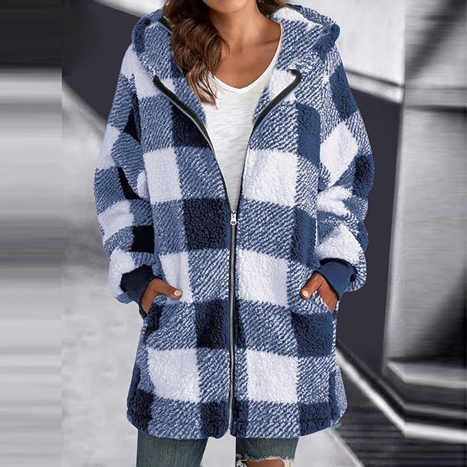 Chaqueta con capucha Sherpa forrada de Franela cuadros para mujer