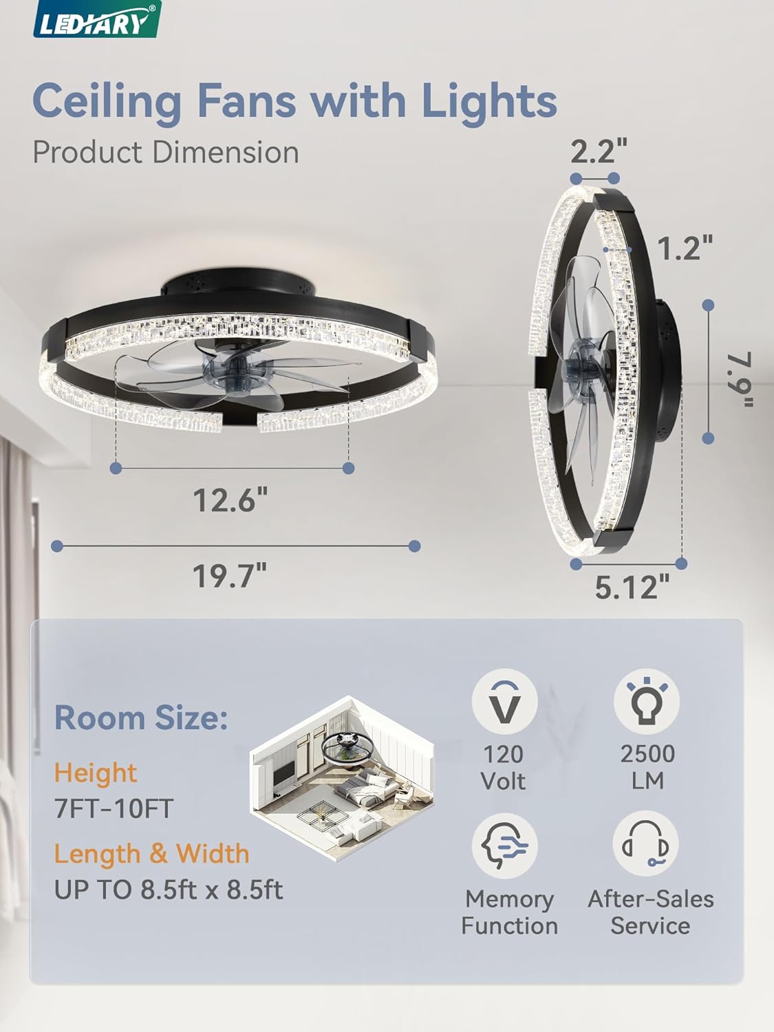 Ventilador de Techo LEDIARY 24” Low Profile con Luz LED y Control Remoto Negro 120V