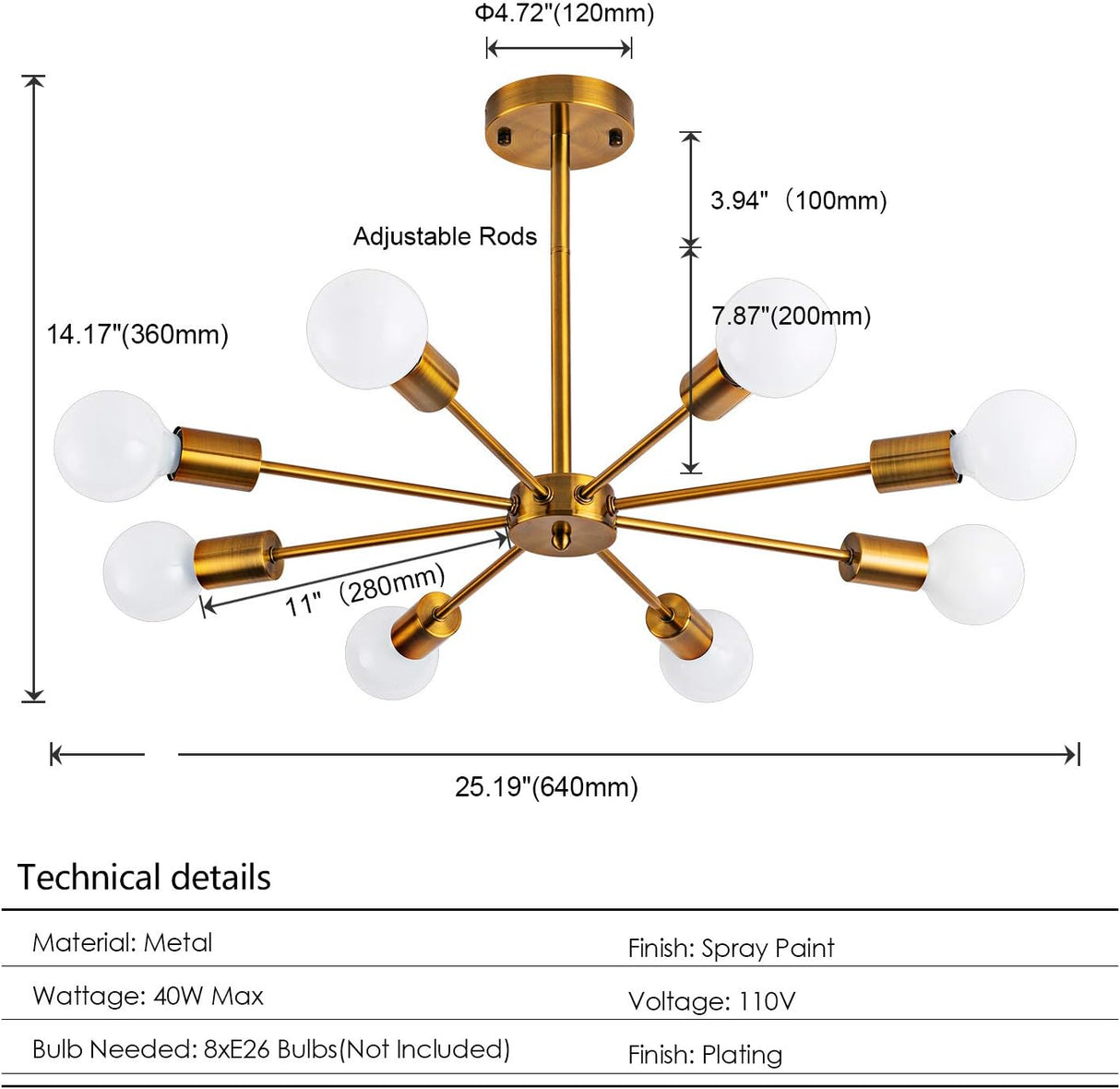 Lámpara de araña de 8 luces moderna Dorada