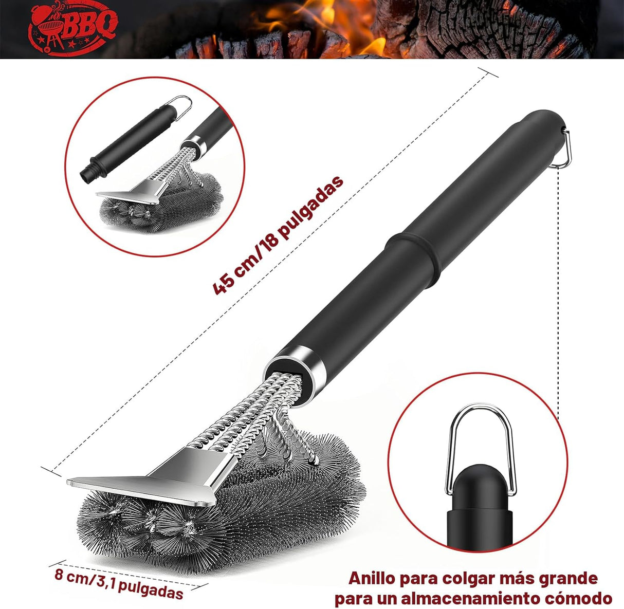 TNTOR – Cepillo para Parrilla con Raspador y Mango Ajustable de 18"