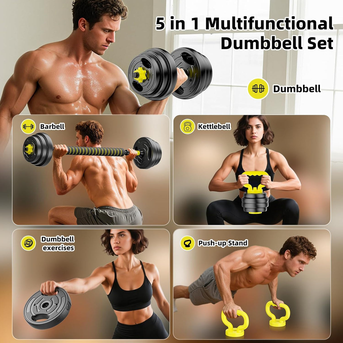 Set de Pesas Ajustables HUAYA 4 en 1 de 9,07 kg con Barra Conectora