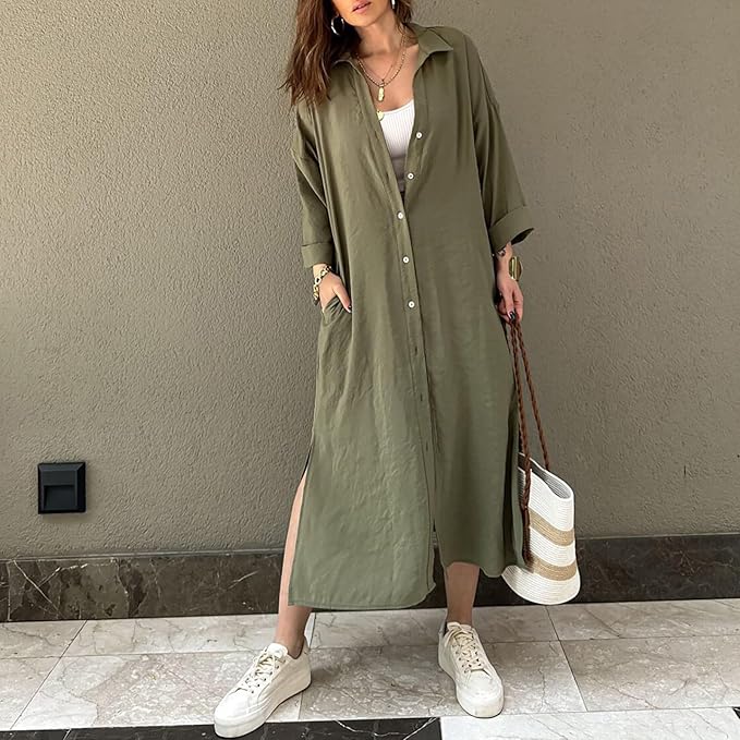 Vestido camisero largo con cuello vuelto