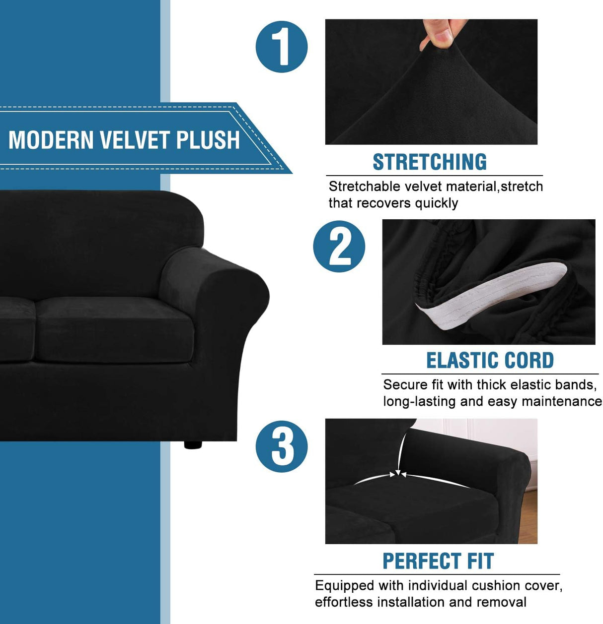 H.VERSAILTEX Funda de terciopelo moderna de felpa de 3 piezas de alta elasticidad para sofá