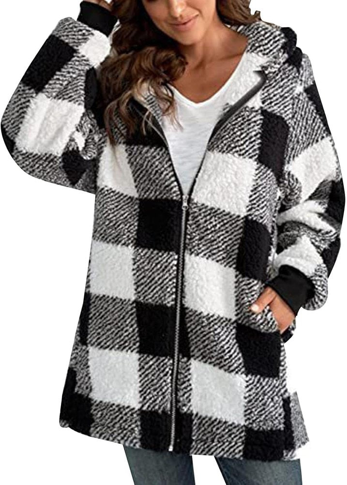 Chaqueta con capucha Sherpa forrada de Franela cuadros para mujer