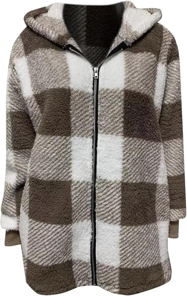 Chaqueta con capucha Sherpa forrada de Franela cuadros para mujer