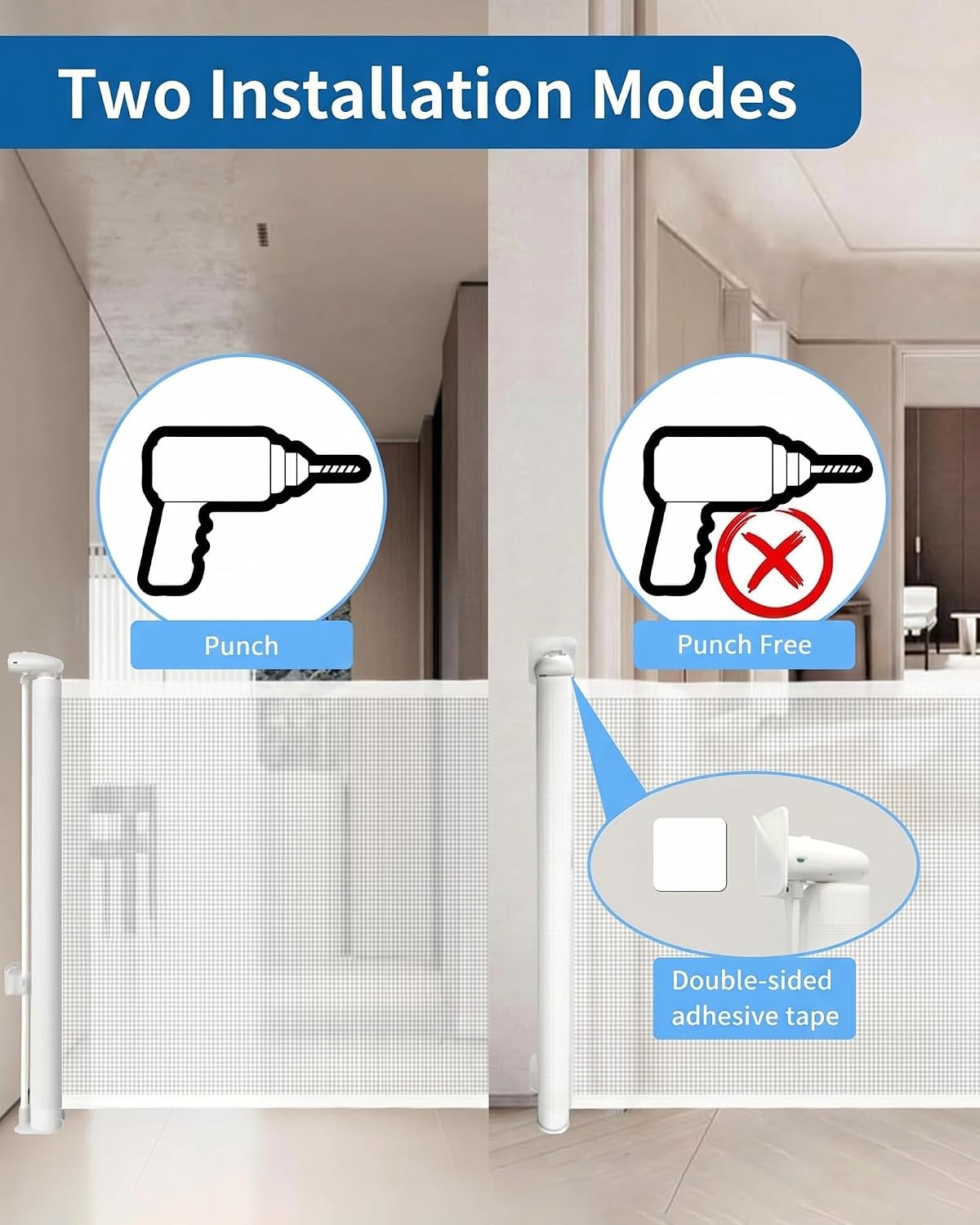 Barrera de Seguridad Retráctil HUAFly 71" para Bebés y Mascotas – Sin Perforaciones – Blanca