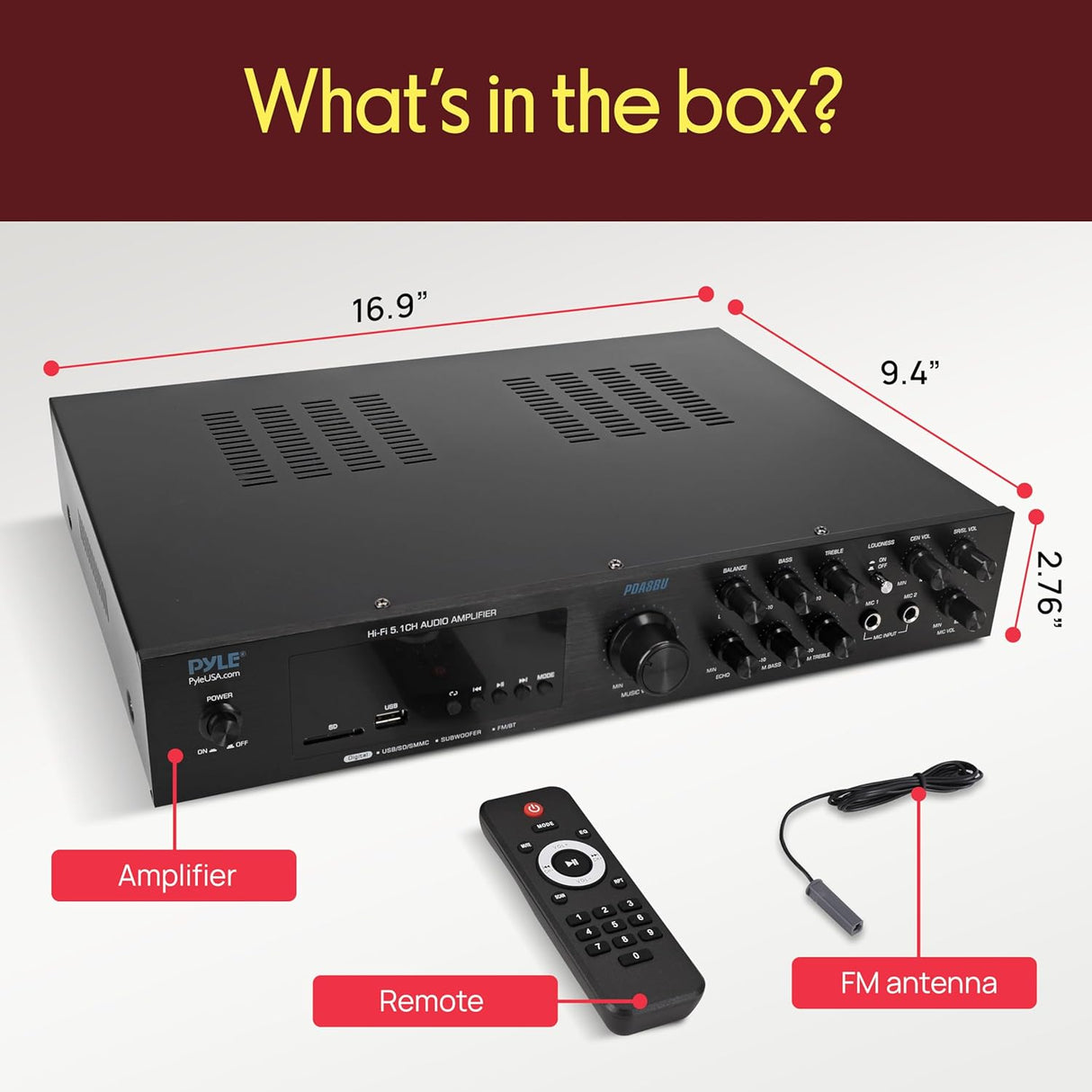 Pyle PDA8BU Amplificador de Audio Bluetooth - Receptor estéreo para el hogar con 5 canales y salida para subwoofer