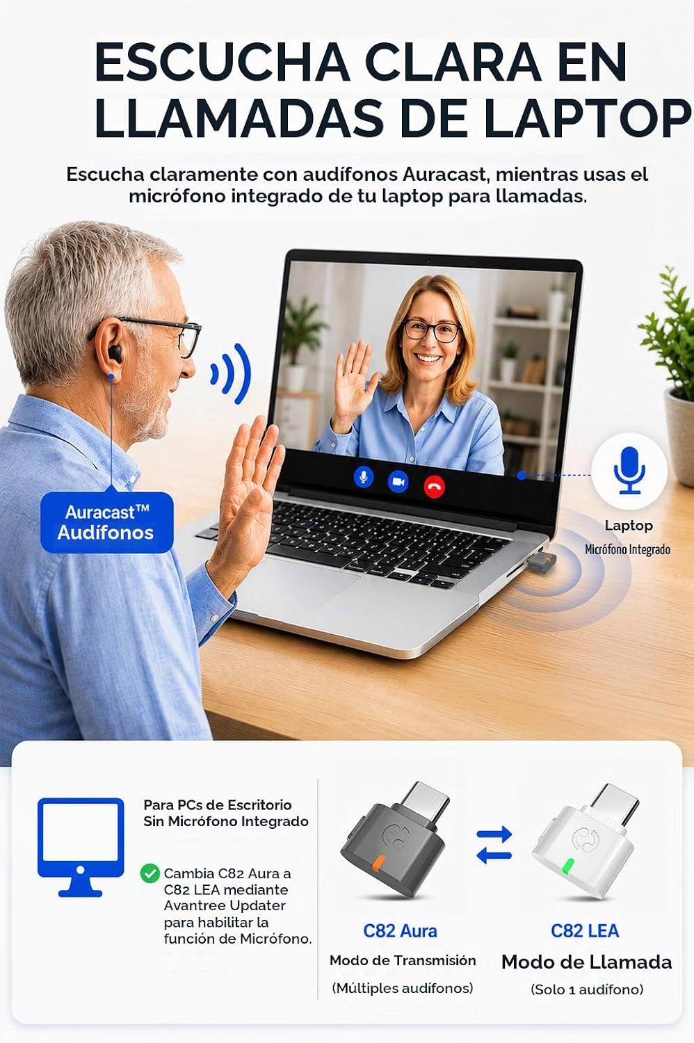 Avantree C82 Aura Transmisor Auracast USB-C Bluetooth 5.4 para Audífonos Compatibles