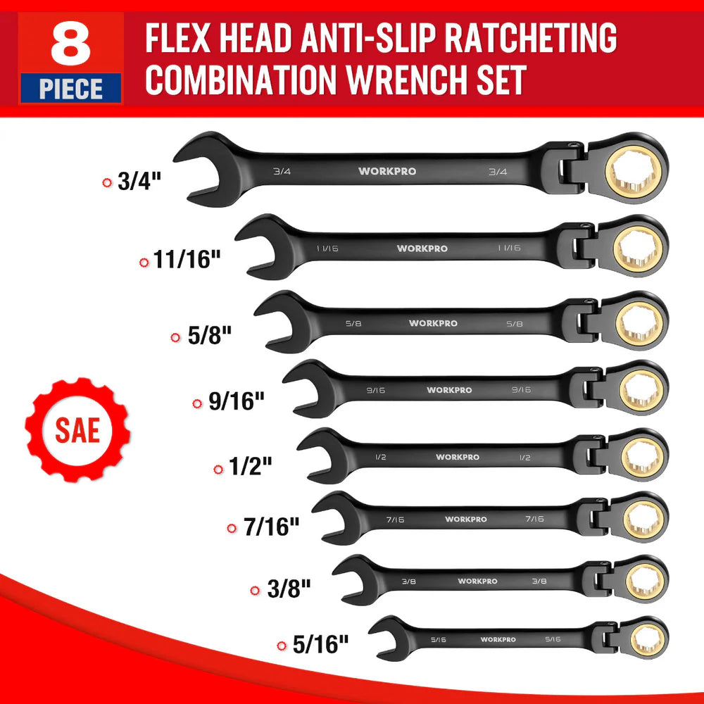 Juego de Llaves Combinadas WORKPRO de Carraca 8 Piezas con Cabeza Flexible Antideslizante | Métricas CR-V