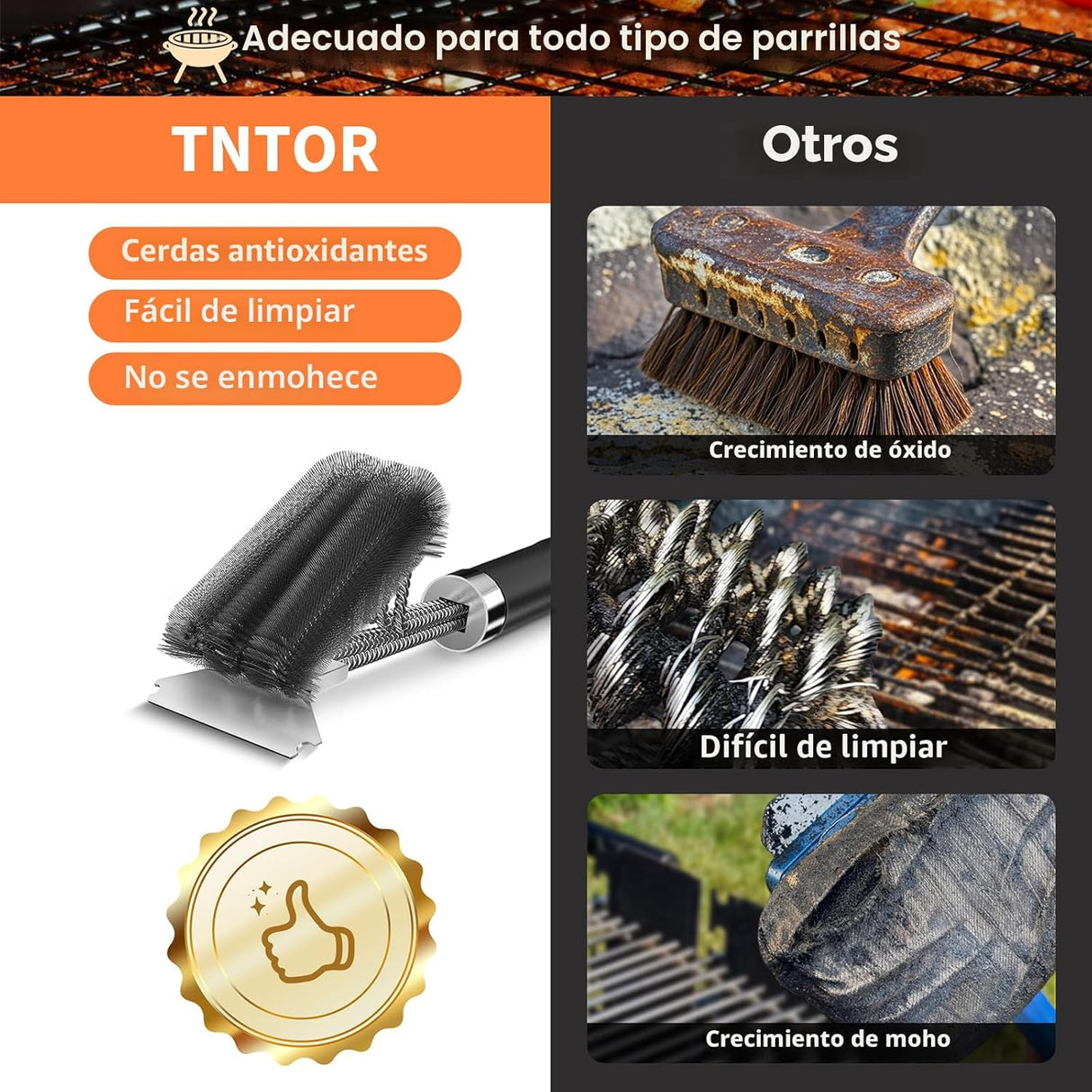 TNTOR – Cepillo para Parrilla con Raspador y Mango Ajustable de 18"