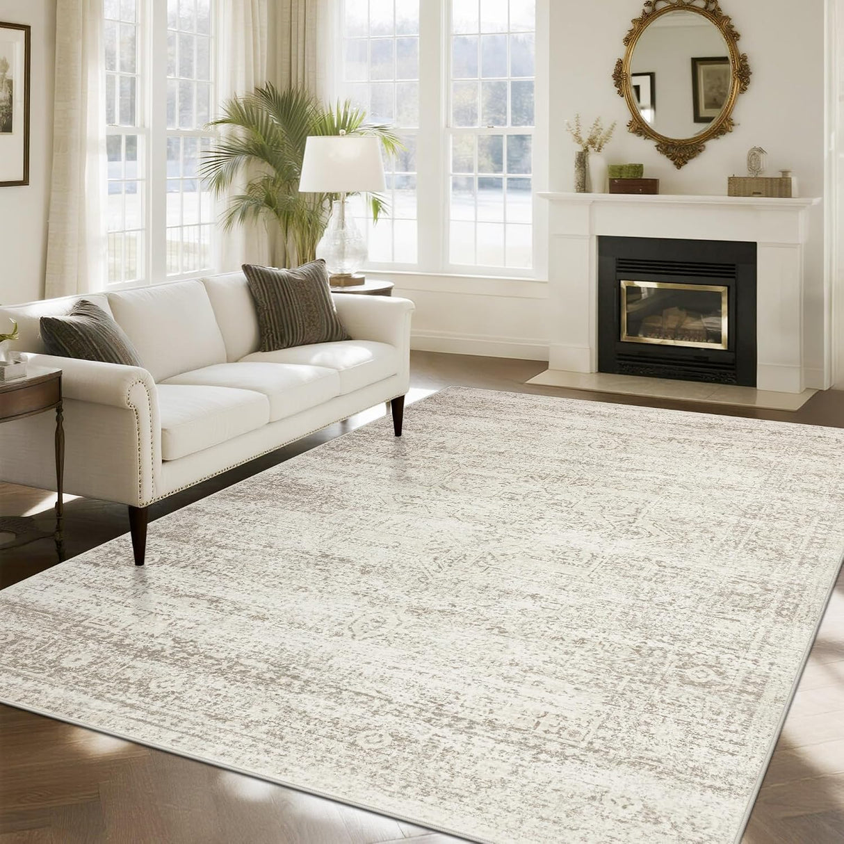 Alfombra Lavable Vintage 244 × 305 cm | Lana Sintética Ultra Suave | Antideslizante | Beige Marfil