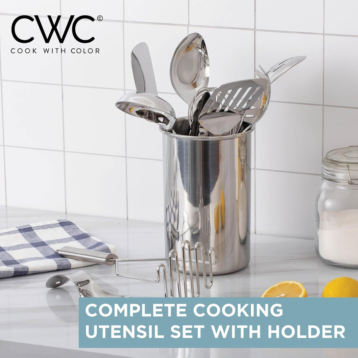 COOK WITH COLOR Set de Utensilios de Cocina de Acero Inoxidable con Soporte – 10 Piezas