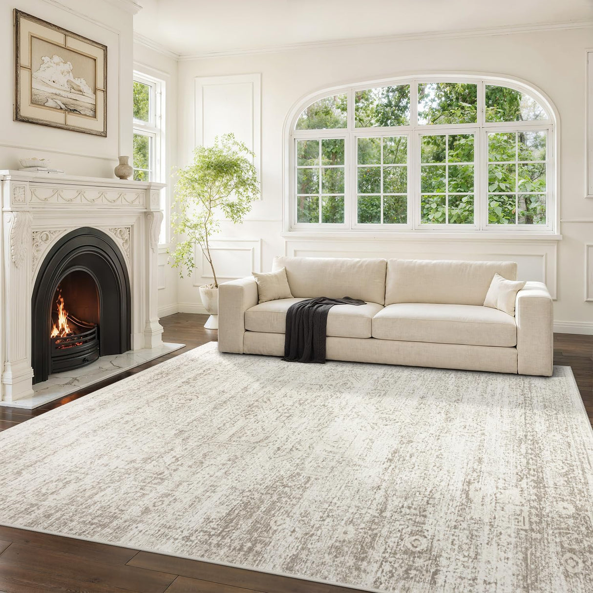 Alfombra Lavable Vintage 244 × 305 cm | Lana Sintética Ultra Suave | Antideslizante | Beige Marfil