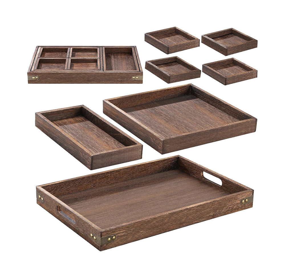 Yangbaga Set de 7 Bandejas Rústicas de Madera con Asa – Paulownia