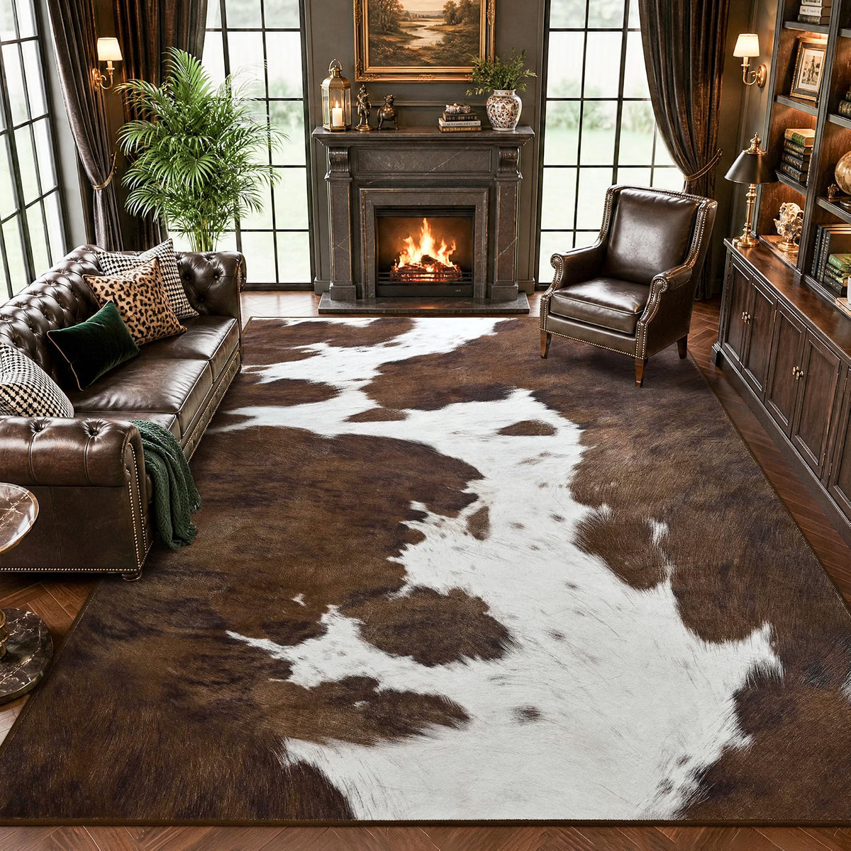Alfombra Foxmas 8 × 10 Pies Brown Cow Print Lavable y Antideslizante