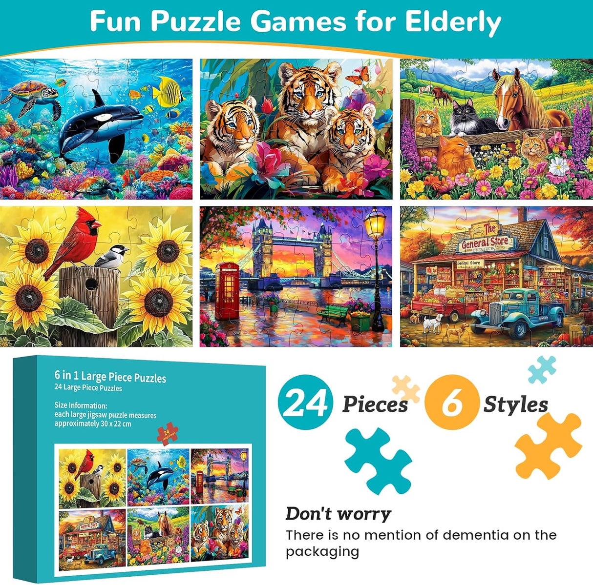 Set de Rompecabezas 6 en 1 de Piezas Grandes | 6 Puzzles de 24 Piezas para Niños y Adultos