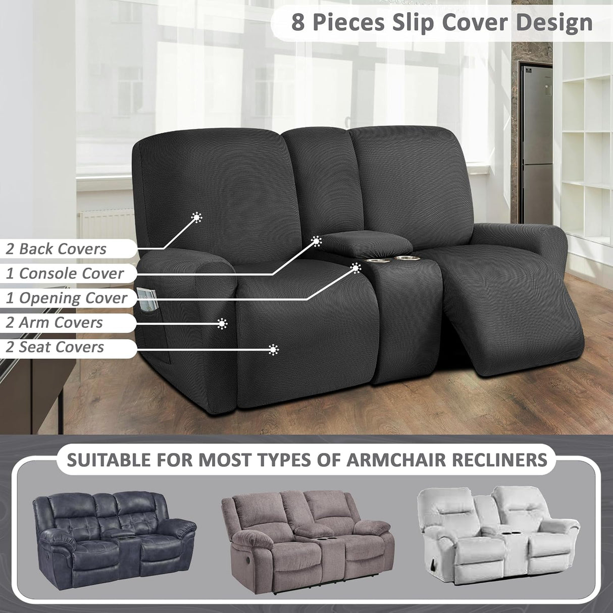 ULTICOR Funda para Sofá Reclinable de 2 Cuerpos con Consola Central – 8 Piezas Color Gris