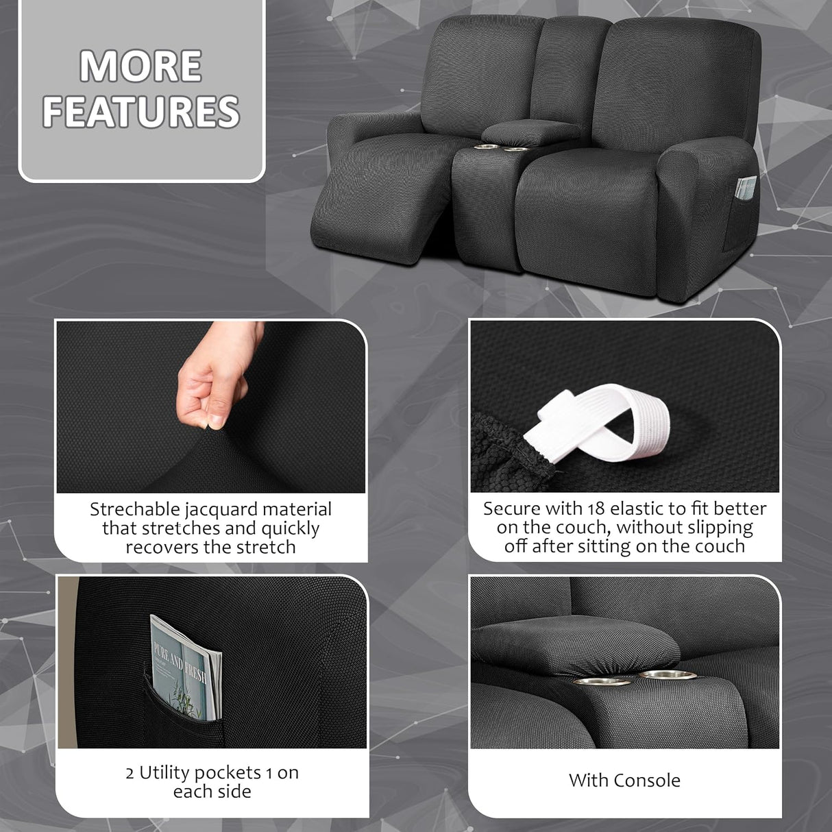 ULTICOR Funda para Sofá Reclinable de 2 Cuerpos con Consola Central – 8 Piezas Color Gris