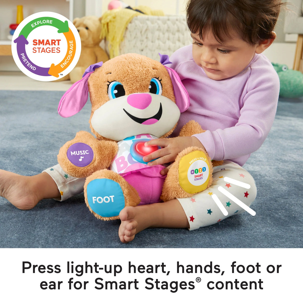 Fisher-Price Laugh & Learn Smart Stages Hermana Cachorro Peluche Juguete de aprendizaje para bebé, Bebés y niños pequeños, 6 Meses y más