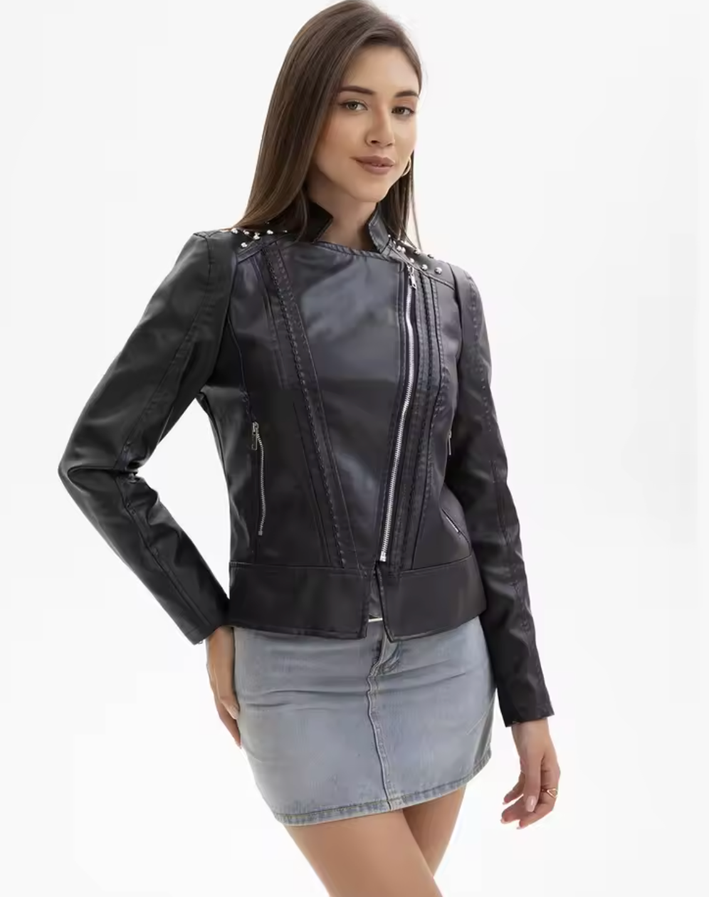 Chaqueta de Eco-Cuero para Mujer WF271 | Estilo Biker con Remaches para Primavera y Otoño