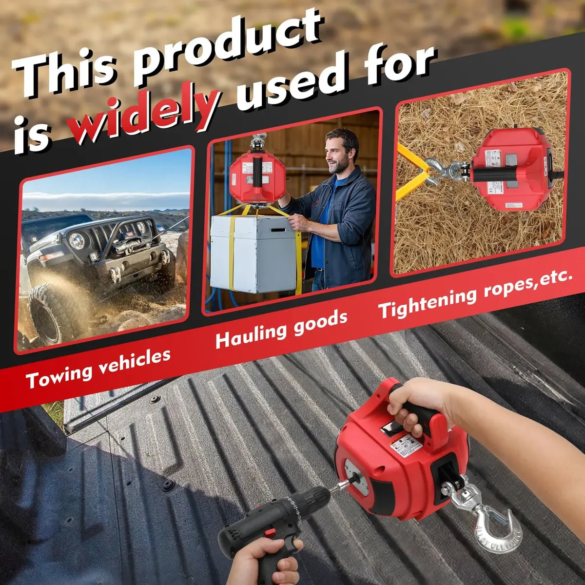 Winche Portátil Lonsge para Taladro 1.000 lb con Cuerda Sintética de 12,2 m