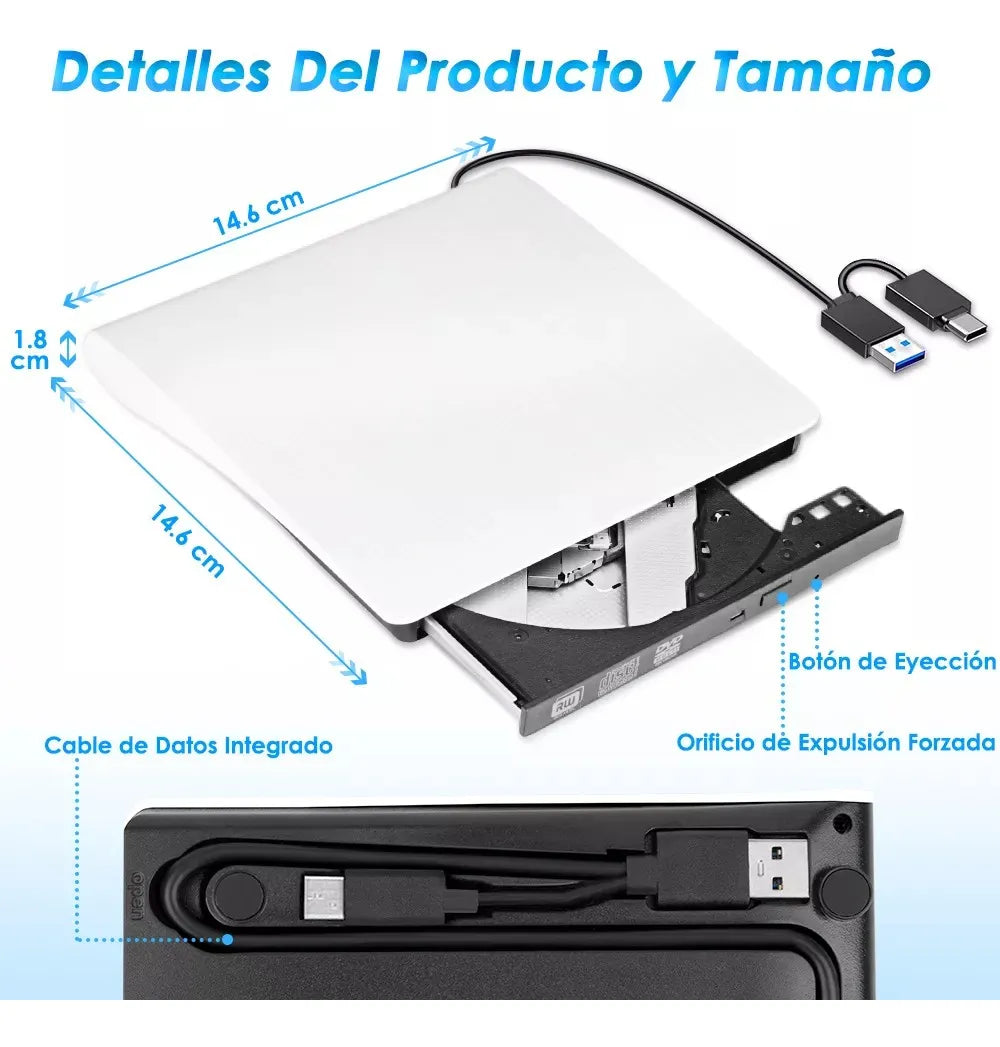 Grabadora Dvd, Lector De Cd Externo Usb 3.0+ Type C Quemado Blanco