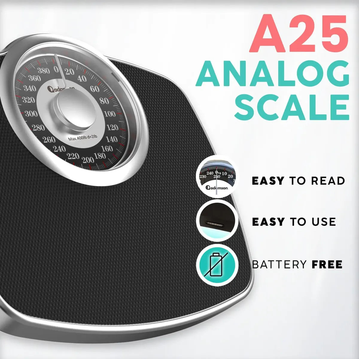Báscula Mecánica Adamson A25 | Hasta 180 kg (400 lb) | Analógica | Superficie Antideslizante