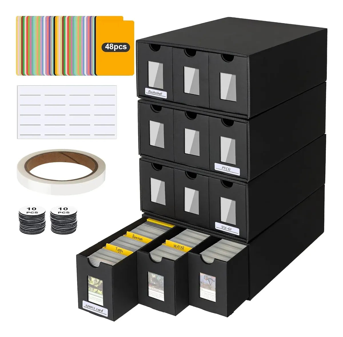 Caja Organizadora para Cartas Coleccionables con 48 Separadores – 12 Cajones Negros