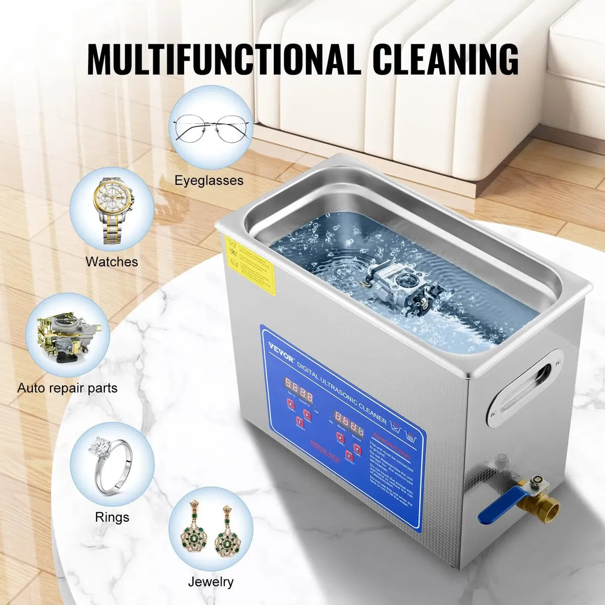 VEVOR Limpiador Ultrasónico 6 L, 40 kHz, con Temporizador Digital y Calentador – 120 V