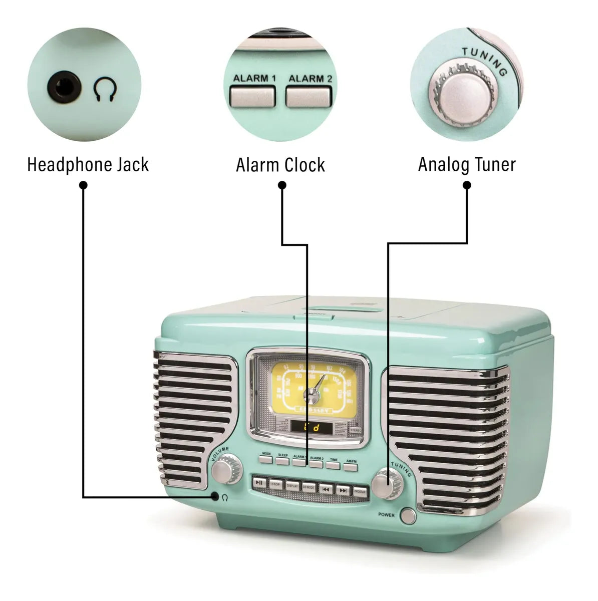 Radio de Mesa Crosley Corsair CR612B-AB Aqua Blue – AM/FM, CD y Bluetooth 120V
