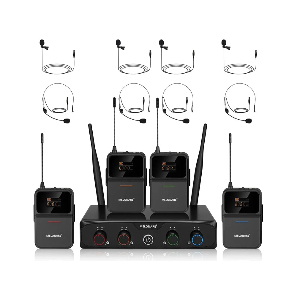 Sistema de Micrófonos Inalámbricos Melonare MWM-41-4B UHF de 4 Canales con Micrófonos de Diadema y Solapa