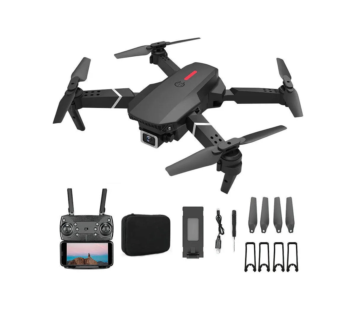 Drone Con Cámara Dual Hd E88 Wifi 3 Baterías Y Protectores Color Negro