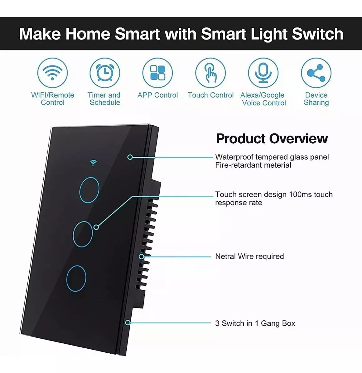 Interruptor Luz Pared Inteligente Wifi 3 Vías,color Opcional