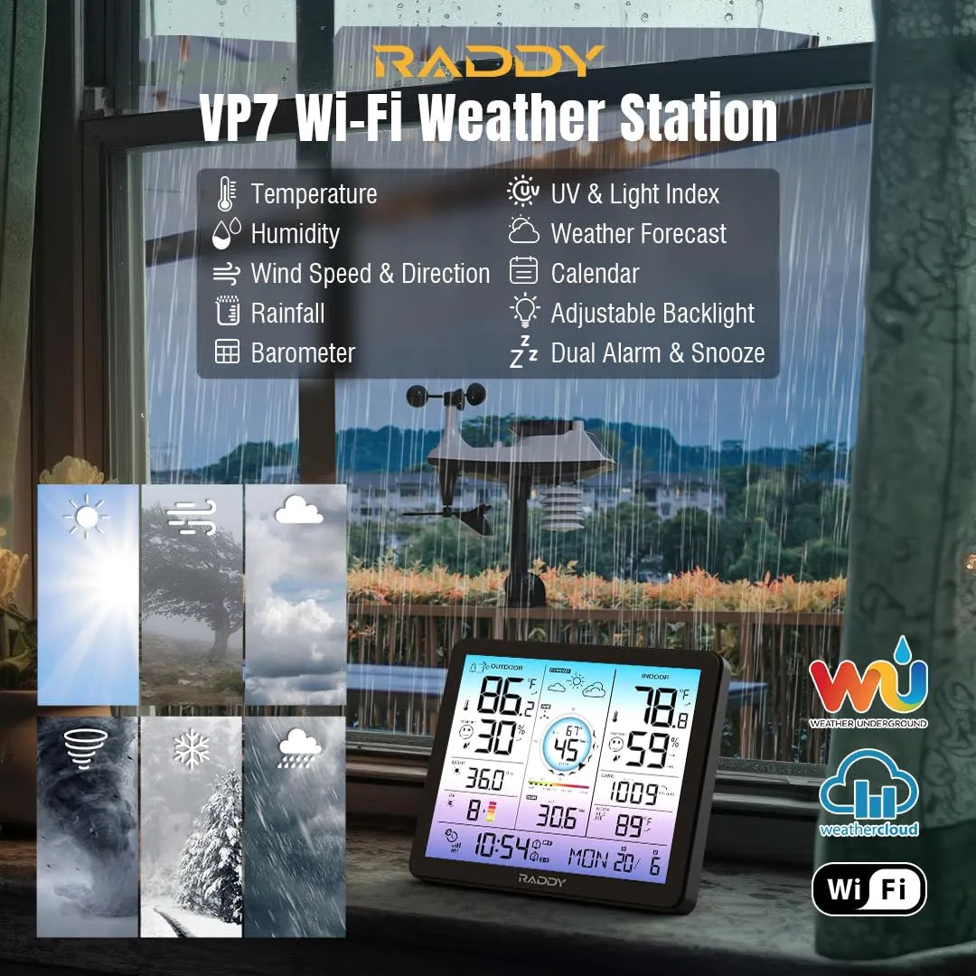 Raddy VP7 Wi-Fi 15 en 1 – Estación Meteorológica con Pantalla de 7,4" y Sensor Exterior