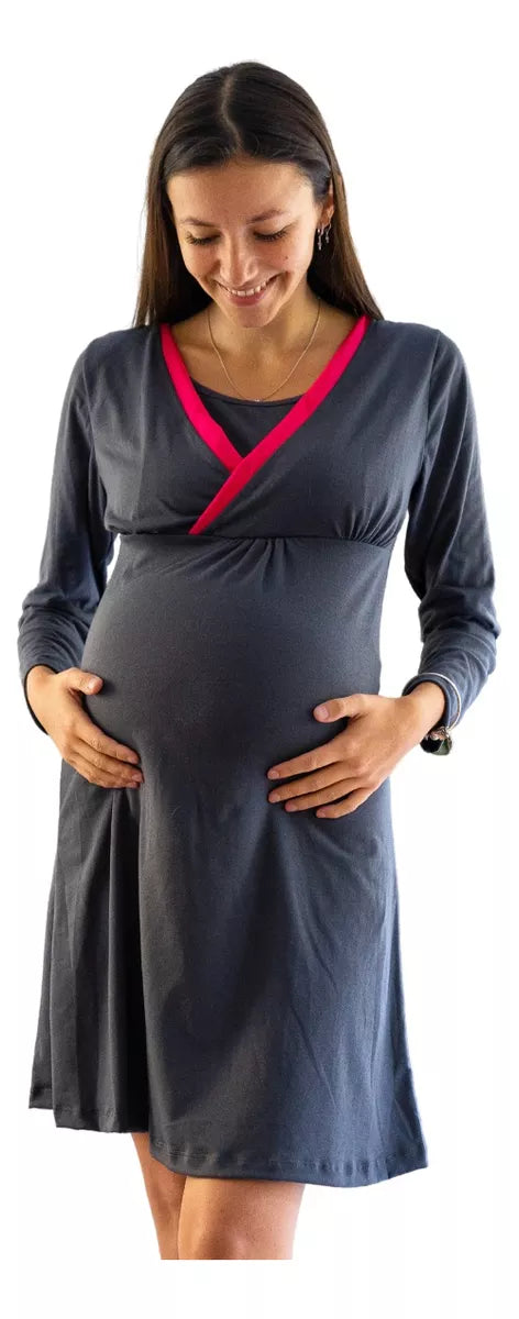 Camisola Maternal Y Lactancia Gris-fucsia Manga Larga
