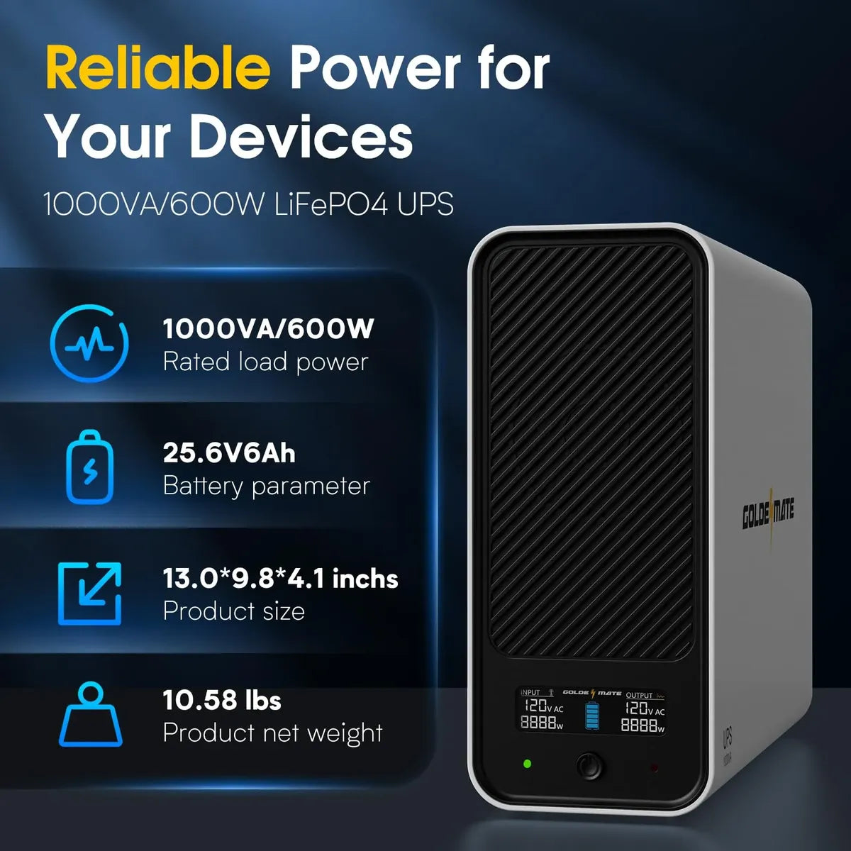UPS GoldenMate 1000VA / 800W LiFePO4 con Onda Sinusoidal Pura 120V