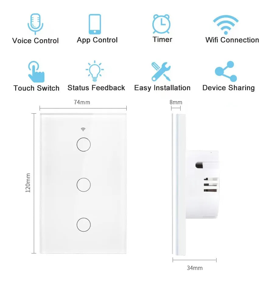 Intereruptor Inteligente Wifi Sin Cable Neutro 1, 2 o 3 Canales