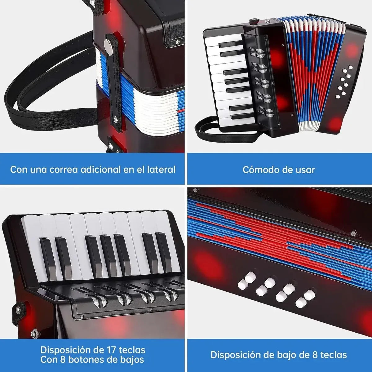 Julymoda Mini Acordeón de 17 Teclas y 8 Botones de Bajo – Modelo SFQ – Negro – Open Box