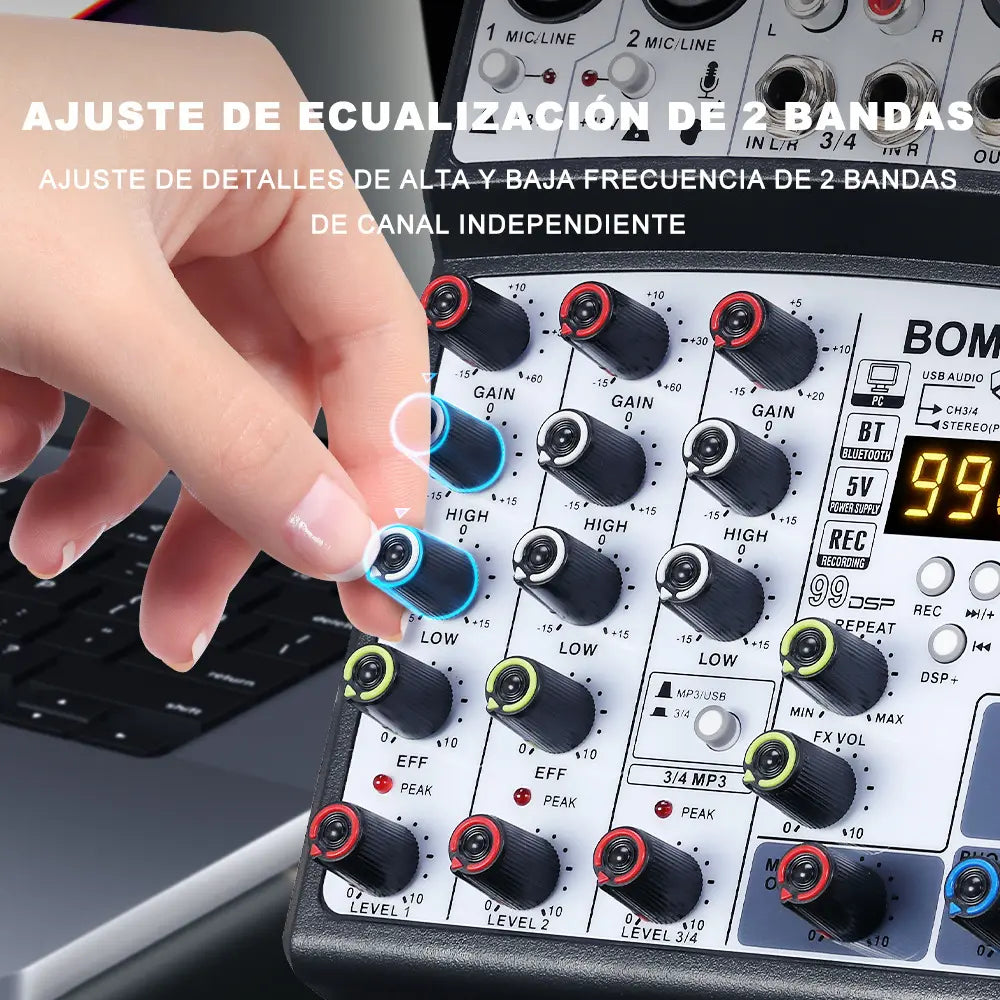 Mezclador de Audio BOMGE 04D 4 Canales – 16 DSP, Bluetooth, USB y Phantom 48V