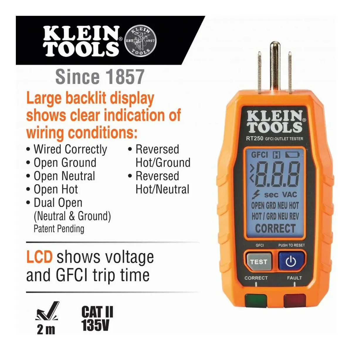 Kit Tester de Voltaje Klein Tools RT250KIT GFCI LCD 12-1000V
