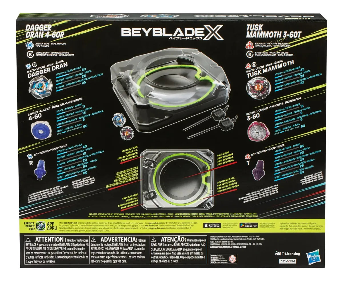 Beyblade X Xtreme Battle Set con Beystadium Arena con riel X-Celerator, 2 juguetes superiores giratorios a la derecha, 2 lanzadores