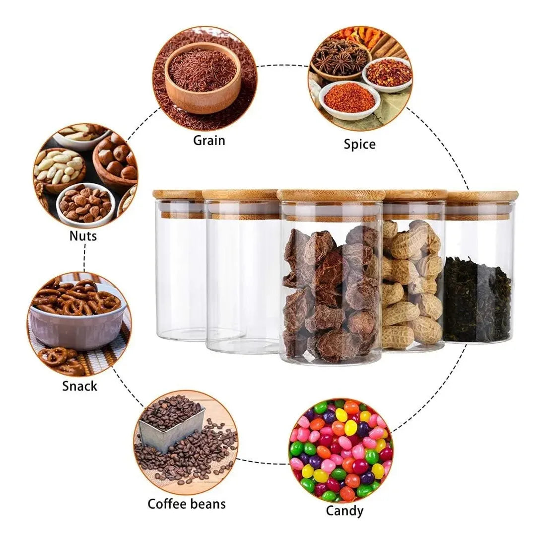 Set 6 Frascos Para Condimentos Especias Tapa Bambú 250mlc/u Transparente