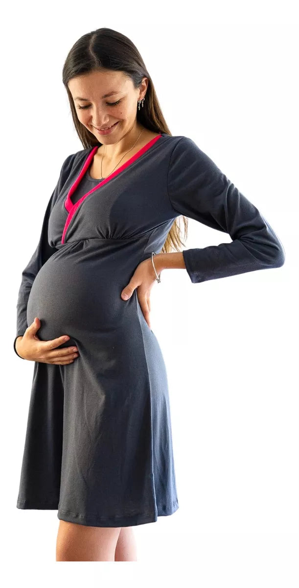 Camisola Maternal Y Lactancia Gris-fucsia Manga Larga