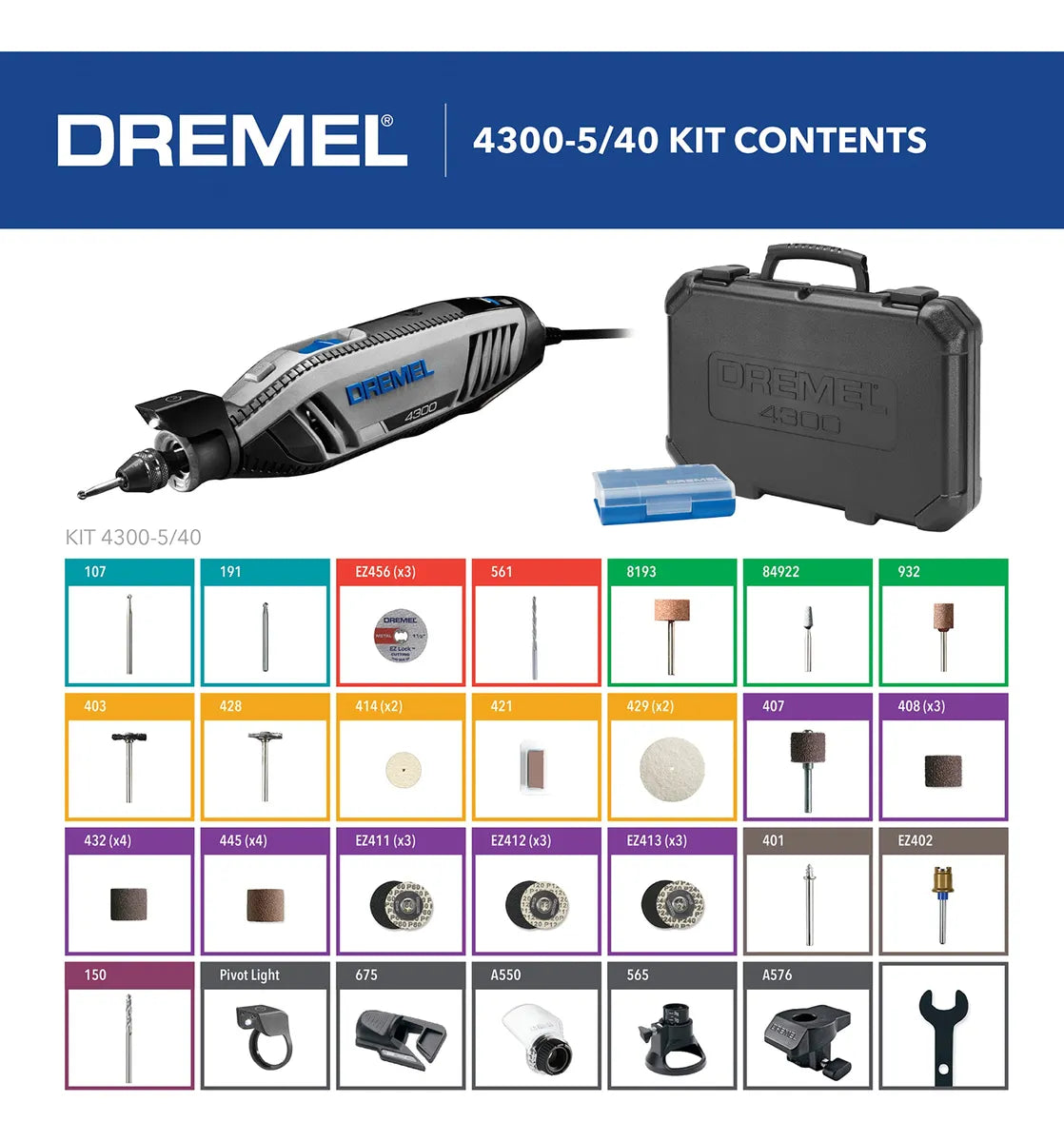 Kit de herramientas rotativas Dremel 4300-5/40 de alto rendimiento con LED
