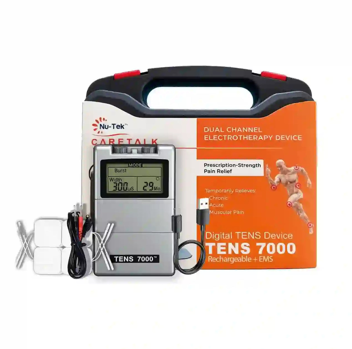 NU-TEK TENS EMS 7000 3.ª Edición Recargable – Electroestimulador 2 Canales